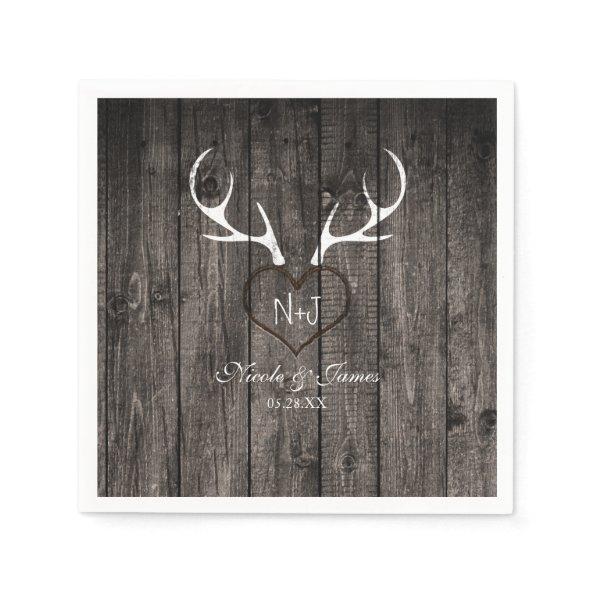 Rustic Deer Antlers & Carved Heart Wedding Napkins