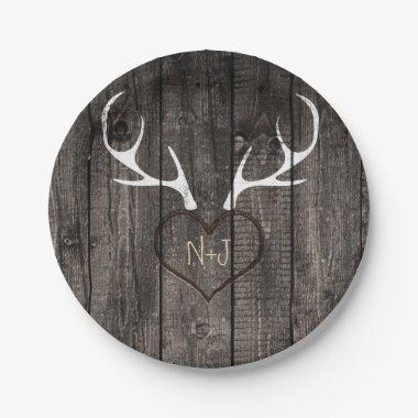 Rustic Deer Antlers & Carved Heart Wedding Paper Plates