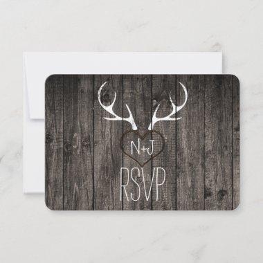 Rustic Deer Antlers & Carved Heart Wedding RSVP Invitations