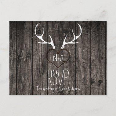 Rustic Deer Antlers & Carved Heart Wedding RSVP Invitation PostInvitations