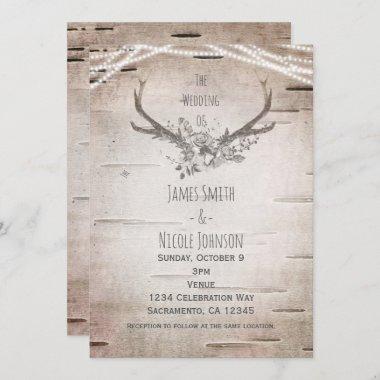 Rustic Deer Antlers & White Birch Vintage Wedding Invitations