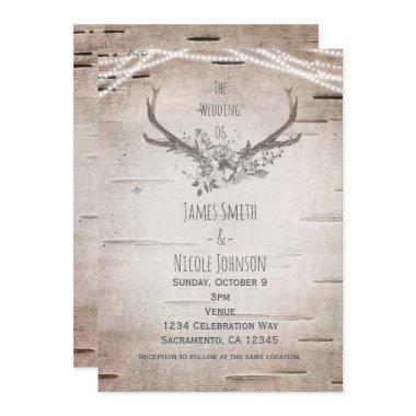 Rustic Deer Antlers & White Birch Vintage Wedding Invitations