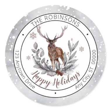 Rustic Deer Buck Happy Holidays Family Classic Round Sticker