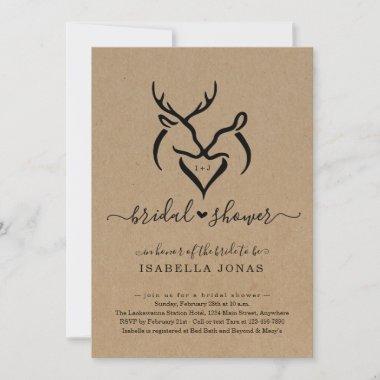 Rustic Doe & Deer Antlers Heart Bridal Shower Invitations