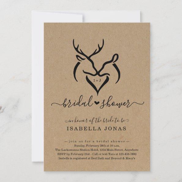 Rustic Doe & Deer Antlers Heart Bridal Shower Invitations
