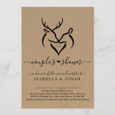 Rustic Doe & Deer Antlers Heart Couple's Shower Invitations