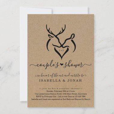 Rustic Doe & Deer Antlers Heart Couple's Shower Invitations