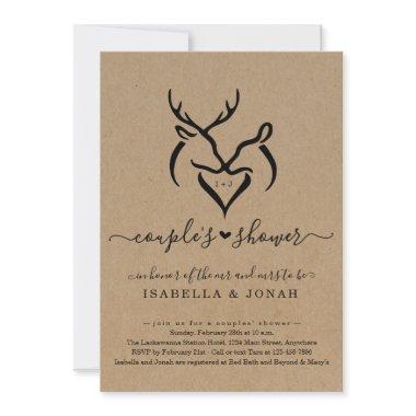 Rustic Doe & Deer Antlers Heart Couple's Shower Invitations