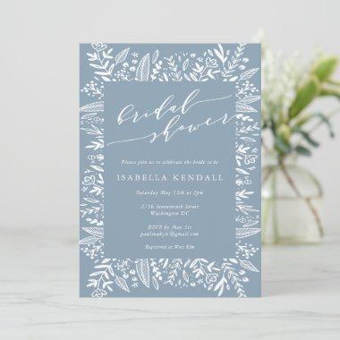 Rustic Dusty Blue Floral Line Art Bridal Shower Invitations