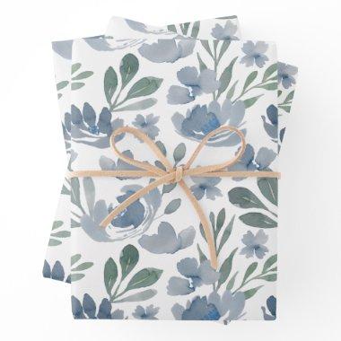 Rustic Dusty Blue Floral Watercolor Pattern Wrapping Paper Sheets
