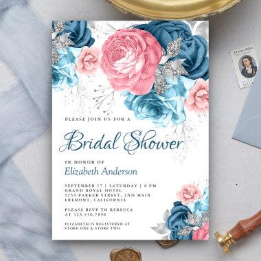Rustic Dusty Blue Pink Floral Rose Bridal Shower Invitations