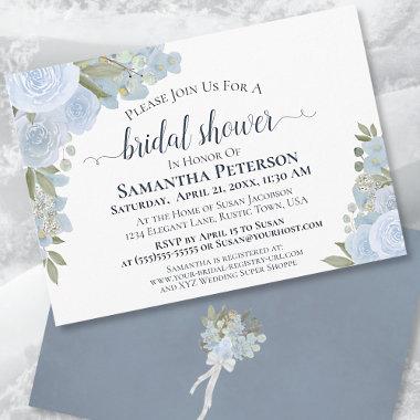 Rustic Dusty Blue Watercolor Floral Bridal Shower Invitations