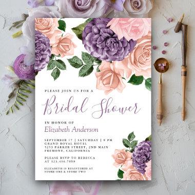 Rustic Dusty Peach Purple Floral Bridal Shower   Invitations