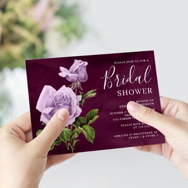 Rustic Dusty Purple Rose Floral Plum Bridal Shower Invitations