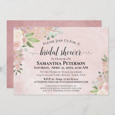 Rustic Dusty Rose Watercolor Floral Bridal Shower Invitations