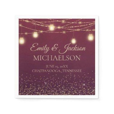 Rustic Elegant Burgundy Gold String Lights Wedding Napkins