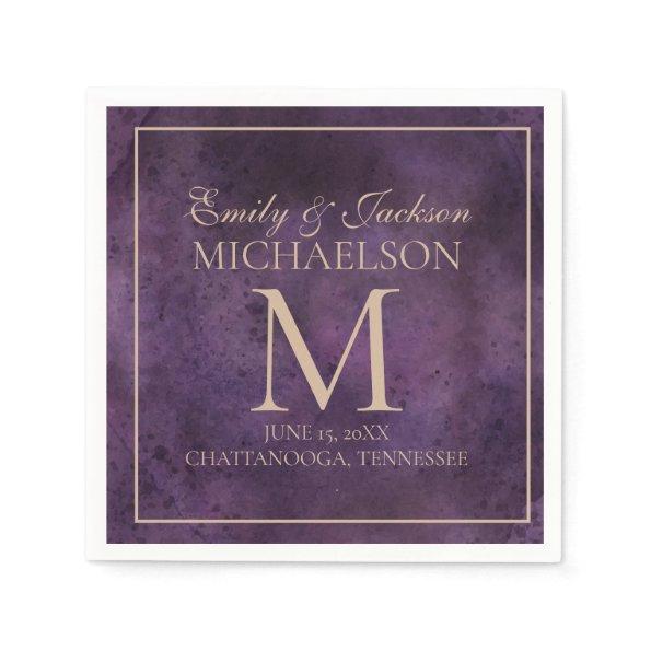 Rustic Elegant Purple Gold Monogram Wedding Napkins
