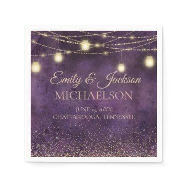 Rustic Elegant Purple Gold String Lights Wedding Napkins