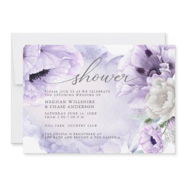 Rustic Elegant Watercolor Violet Floral Poppies Invitations