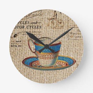 Rustic english country tea party blue teacup round clock