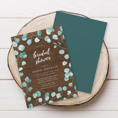 Rustic Eucalyptus and Brown Wood Bridal Shower Invitations