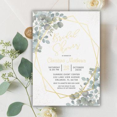 Rustic Eucalyptus Gold Calligraphy Bridal Shower Foil Invitations