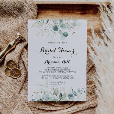 Rustic Eucalyptus Gold Calligraphy Bridal Shower Invitations
