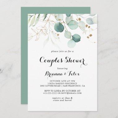 Rustic Eucalyptus Gold Floral Couples Shower Invitations
