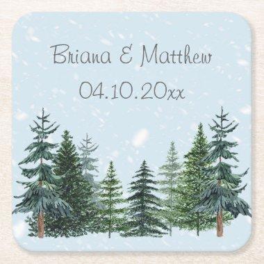 Rustic Evergreen Winter Pine Wedding Square Paper Coaster