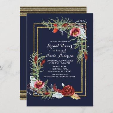 Rustic Fall Marsala Floral Navy Gold Bridal Shower Invitations
