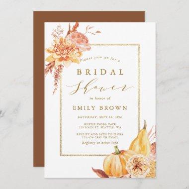 Rustic Fall Watercolor Floral Gold Bridal Shower Invitations