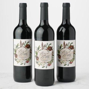 Rustic farmhouse burgundy botanical bridal shower wine label