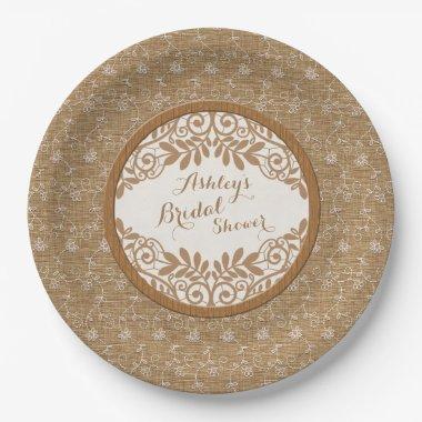 Rustic Faux Burlap Lace Wood Wedding Bridal Shower Paper Plates