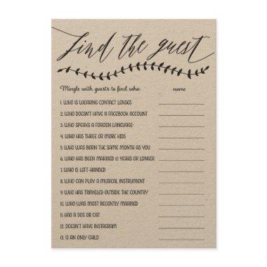 Rustic Find the Guest Bridal Shower Game Enclosure Invitations