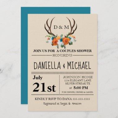 Rustic Floral Antlers BOHO Couples Shower Wedding Invitations