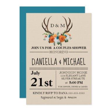 Rustic Floral Antlers BOHO Couples Shower Wedding Invitations