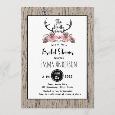 Rustic Floral Barnwood Hunt is Over Bridal Shower Invitations