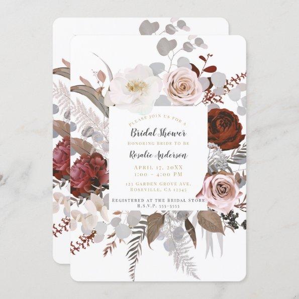 Rustic Floral Blooms Blush Grey Red Bridal Shower Invitations