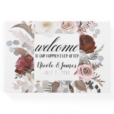 Rustic Floral Blooms Blush Grey Red Wedding Guest Book