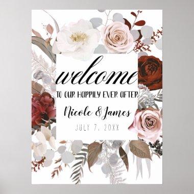 Rustic Floral Blooms Blush Grey Red Wedding Sign