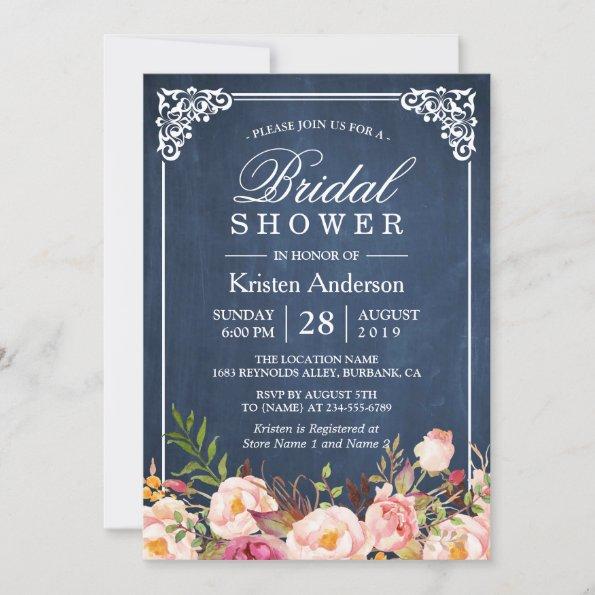 Rustic Floral Blue Chalkboard Classy Bridal Shower Invitations
