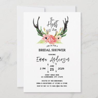 Rustic Floral Boho Hunt is Over Bridal Shower Invitations