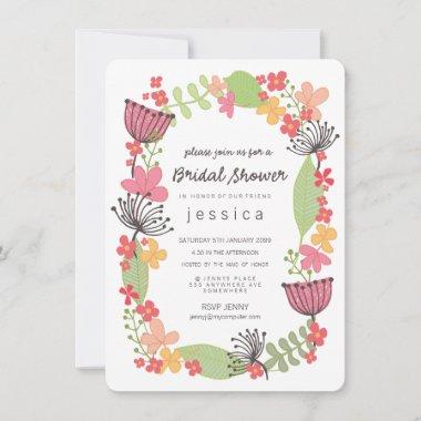 Rustic Floral Border Bridal Shower Party Invitations
