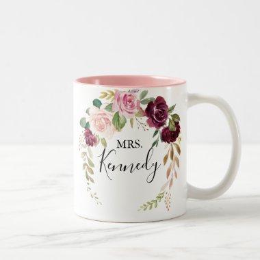 Rustic Floral Botanical Foliage Mrs Newlywed Bride Two-Tone Coffee Mug