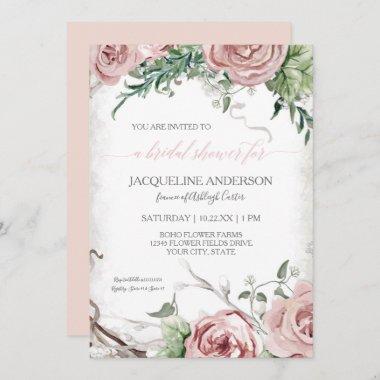 Rustic Floral Bridal Shower BOHO Blush Watercolor Invitations