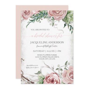 Rustic Floral Bridal Shower BOHO Blush Watercolor Invitations