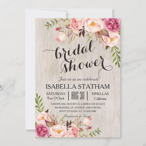 Rustic Floral Bridal Shower/Watercolor bg Invitations