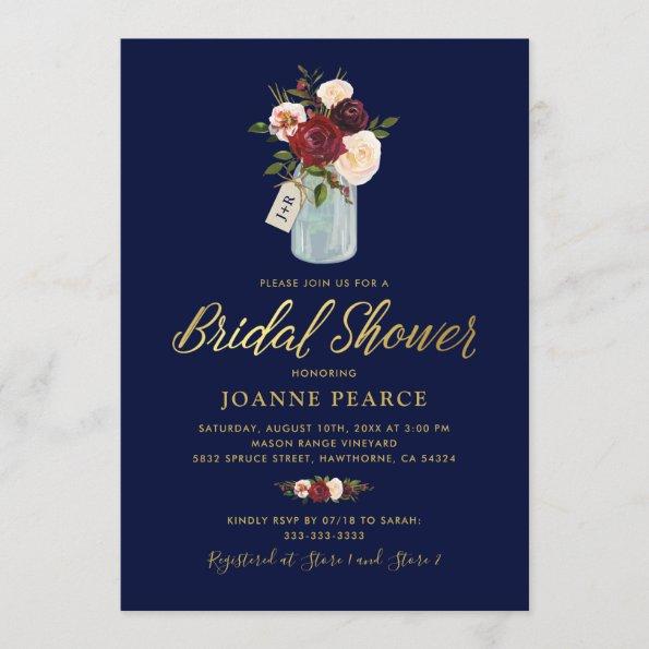 Rustic Floral Burgundy Blue Gold Bridal Shower Invitations
