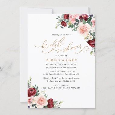 Rustic Floral Burgundy Blush Bridal Shower Invitations