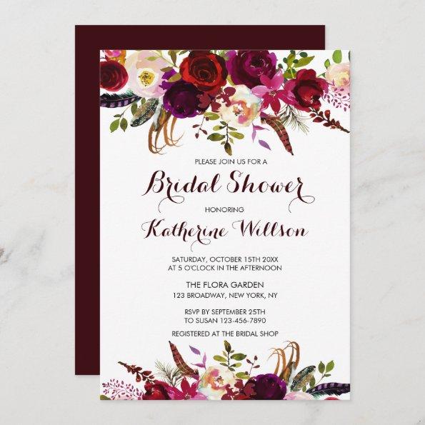 Rustic Floral Burgundy Marsala Fall Bridal Shower Invitations